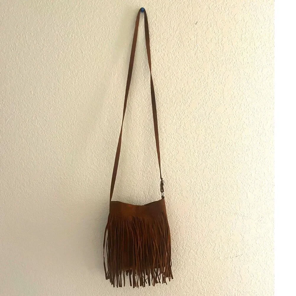 Vtg Women Fringe Bag Tassel Handbag Leather Suede Shoulder Crossbody Messenger